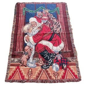 Vintage Santa Claus Woven Tapestry Throw Blanket Christmas Fringe 42x62